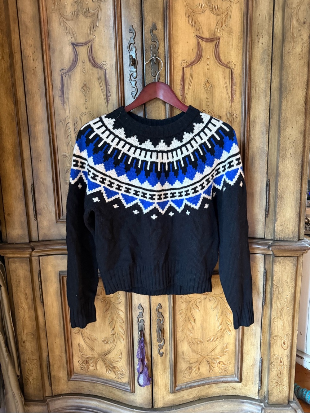 Ralph Lauren Black Crewneck Sweater with Blue & White Fair Isle Yoke